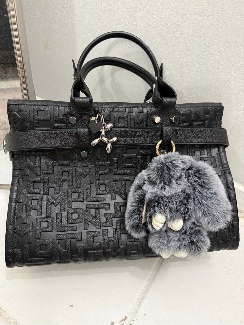 Longchamp Black Embossed Leather Shoulder Bag with Grey Fur Charm